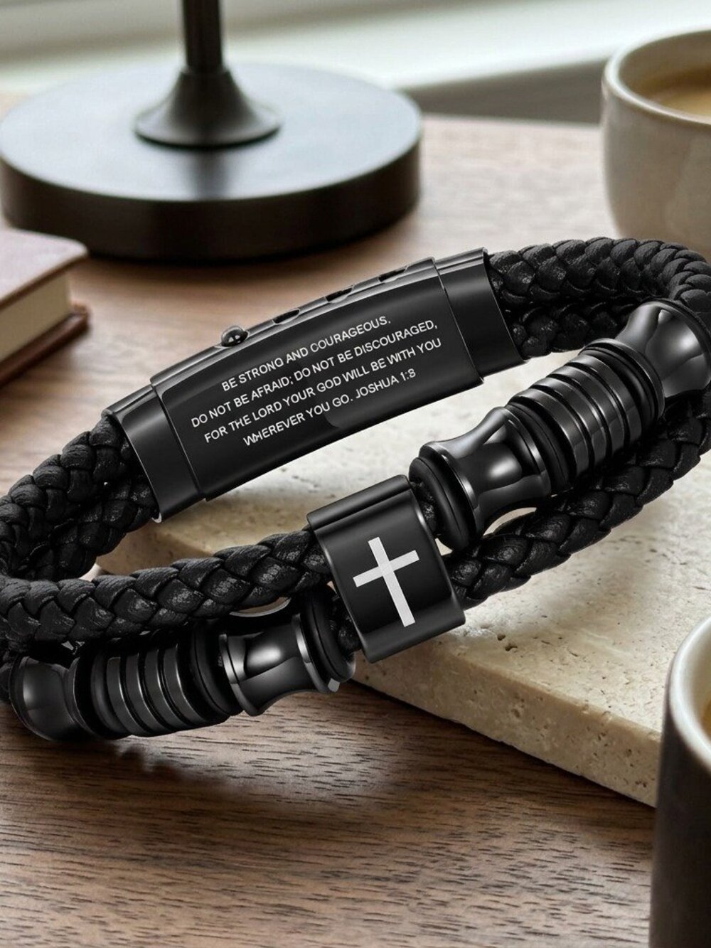 Mens Christian Leather Bracelet Black Braided Cross Joshua 1:9 Adjustable